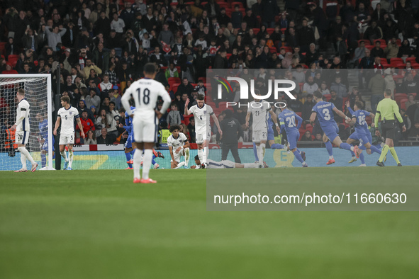 Greek players react and celebrate after the second goal during the football game between England and Greece for the UEFA Nations League 2024...