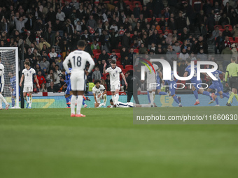 Greek players react and celebrate after the second goal during the football game between England and Greece for the UEFA Nations League 2024...