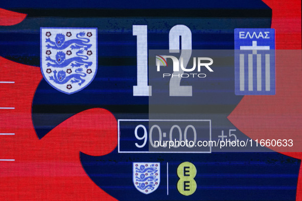 The scoreboard shows the final score at the end of the football game between England and Greece for the UEFA Nations League 2024/25 League B...