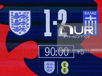 The scoreboard shows the final score at the end of the football game between England and Greece for the UEFA Nations League 2024/25 League B...