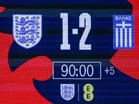 The scoreboard shows the final score at the end of the football game between England and Greece for the UEFA Nations League 2024/25 League B...