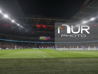 A general view of Wembley Stadium shows the players in action just before the end of the football game between England and Greece for the UE...