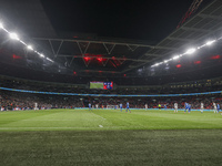 A general view of Wembley Stadium shows the players in action just before the end of the football game between England and Greece for the UE...