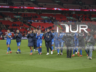 The Greek team goes to the Greek fans to celebrate and thank them, dedicating their win to their late fellow teammate George Baldock after t...