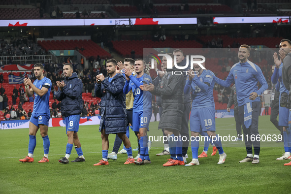 The Greek team goes to the Greek fans to celebrate and thank them, dedicating their win to their late fellow teammate George Baldock after t...