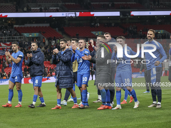 The Greek team goes to the Greek fans to celebrate and thank them, dedicating their win to their late fellow teammate George Baldock after t...