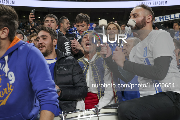 Greek fans cheer and celebrate after Greece wins the football game against England for the UEFA Nations League 2024/25 League B Group B2 mat...