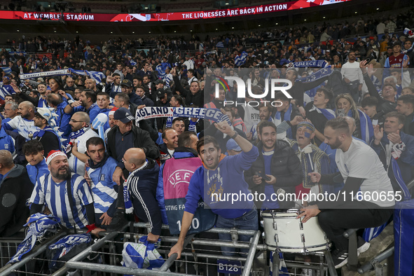 Greek fans cheer and celebrate after Greece wins the football game against England for the UEFA Nations League 2024/25 League B Group B2 mat...