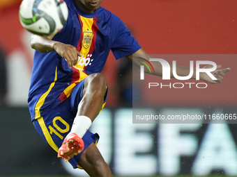 Lamine Yamal right winger of Spain and FC Barcelona during the warm-up before the UEFA Nations League 2024/25 League A Group A4 match betwee...