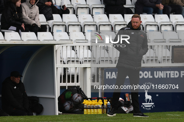 Brackley Town manager Gavin Cowan is present during the FA Cup Fourth Qualifying Round match between Hartlepool United and Brackley Town at...