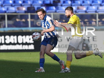 Daniel Dodds of Hartlepool United competes with Danny Newton of Brackley Town during the FA Cup Fourth Qualifying Round match between Hartle...