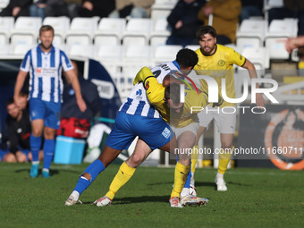 Roshaun Mathurin of Hartlepool United battles for possession with Shane Byrne of Brackley Town during the FA Cup Fourth Qualifying Round mat...