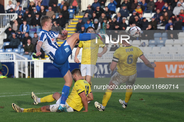 Billy Sass-Davies of Hartlepool United is in action with Brackley Town's Gareth Dean during the FA Cup Fourth Qualifying Round match between...