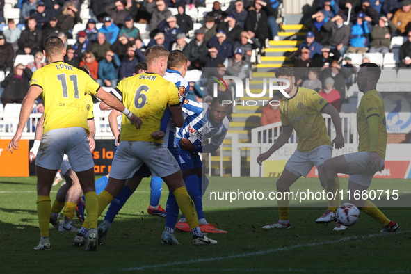 Mani Dieseruvwe of Hartlepool United shoots at goal during the FA Cup Fourth Qualifying Round match between Hartlepool United and Brackley T...