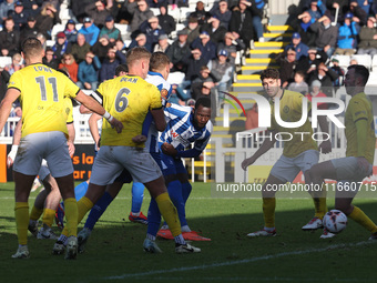 Mani Dieseruvwe of Hartlepool United shoots at goal during the FA Cup Fourth Qualifying Round match between Hartlepool United and Brackley T...