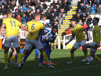 Mani Dieseruvwe of Hartlepool United shoots at goal during the FA Cup Fourth Qualifying Round match between Hartlepool United and Brackley T...