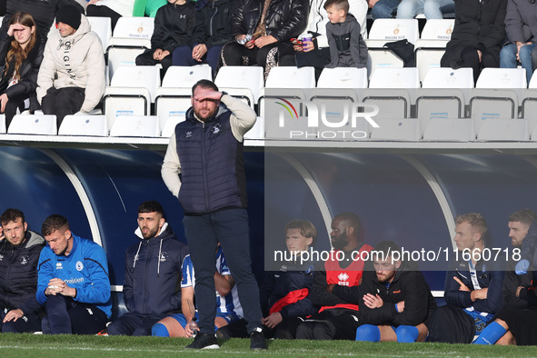 Hartlepool manager Darren Sarll is present during the FA Cup Fourth Qualifying Round match between Hartlepool United and Brackley Town at Vi...