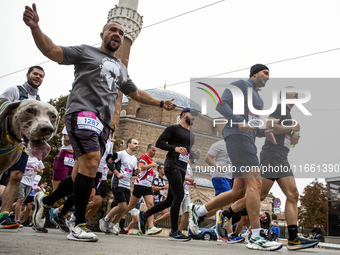 Participants in the 41st edition of the Sofia Marathon in Sofia, Bulgaria, on October 13, 2023, are in the center of the city. This year, mo...