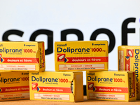 BAYEUX, FRANCE - OCTOBER 13: 
A view of Doliprane 1000g boxes placed in front of a computer screen displaying the Sanofi logo, in Bayeux, Ca...