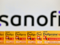 BAYEUX, FRANCE - OCTOBER 13: 
A view of Doliprane 1000g boxes placed in front of a computer screen displaying the Sanofi logo, in Bayeux, Ca...