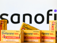 BAYEUX, FRANCE - OCTOBER 13: 
A view of Doliprane 1000g boxes placed in front of a computer screen displaying the Sanofi logo, in Bayeux, Ca...