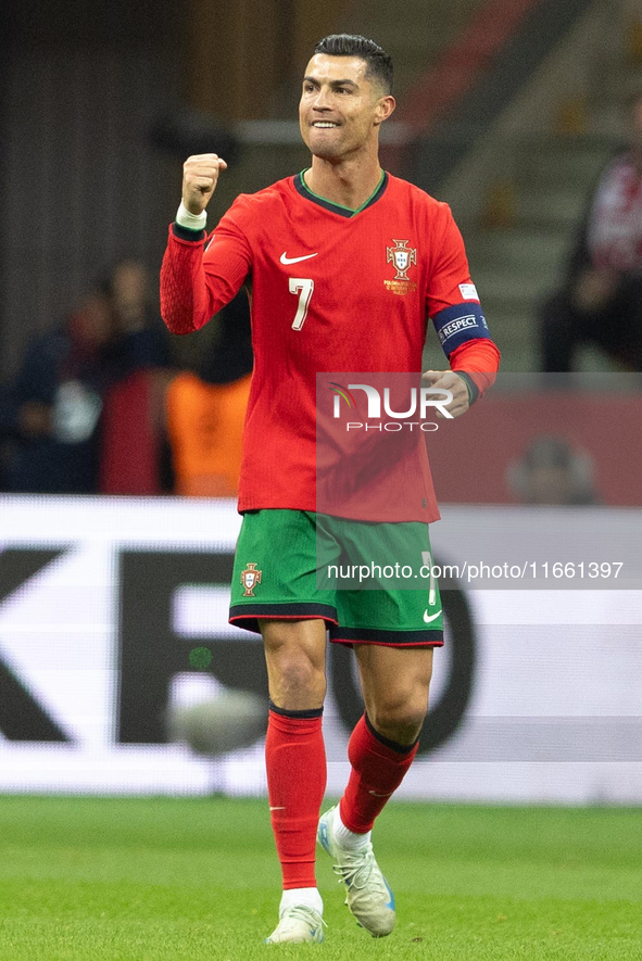 Cristiano Ronaldo reacts after scoring  during the UEFA 2024 UEFA Nations League Group A1 match between Poland and Portugal at the PGE Narod...