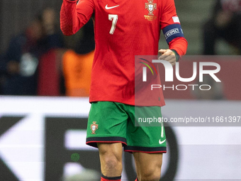 Cristiano Ronaldo reacts after scoring  during the UEFA 2024 UEFA Nations League Group A1 match between Poland and Portugal at the PGE Narod...