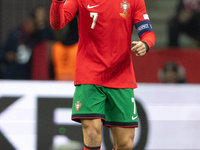 Cristiano Ronaldo reacts after scoring  during the UEFA 2024 UEFA Nations League Group A1 match between Poland and Portugal at the PGE Narod...