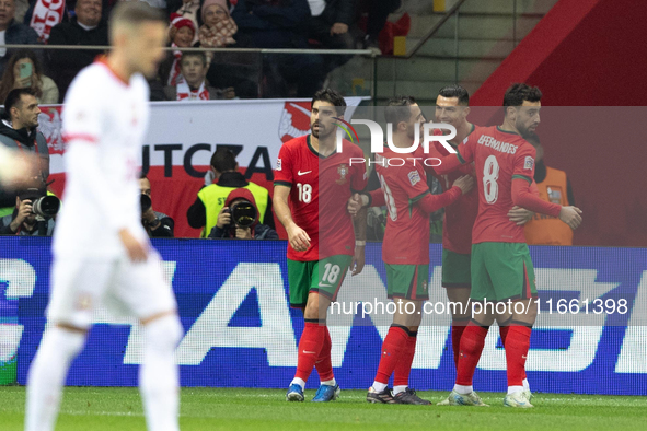 Ruben Neves, Bernardo Silva, Cristiano Ronaldo and Bruno Fernandes are celebrating after scoring  during the UEFA 2024 UEFA Nations League G...