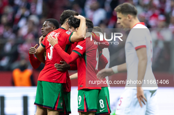 Nuno Mendes, Ruben Dias and Francisco Trincao celebrate after scoring the third goal during the  UEFA Nations League 2024 League A Group A1...