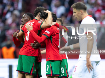 Nuno Mendes, Ruben Dias and Francisco Trincao celebrate after scoring the third goal during the  UEFA Nations League 2024 League A Group A1...