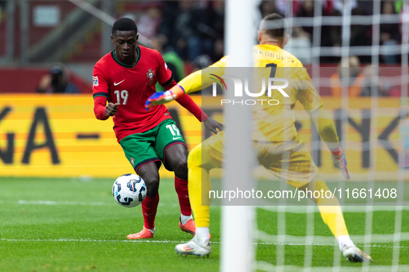 Nuno Mendes plays during the  UEFA Nations League 2024 League A Group A1 match between Poland and Portugal , at the PGE Narodowy in Warsaw,...