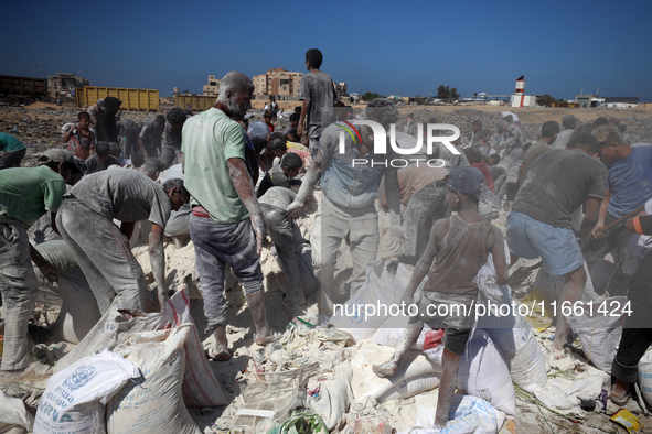 A photo shows Palestinian youths collecting remains of spoiled flour discarded in a makeshift landfill near the tents of displaced people in...