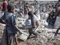 A photo shows Palestinian youths collecting remains of spoiled flour discarded in a makeshift landfill near the tents of displaced people in...