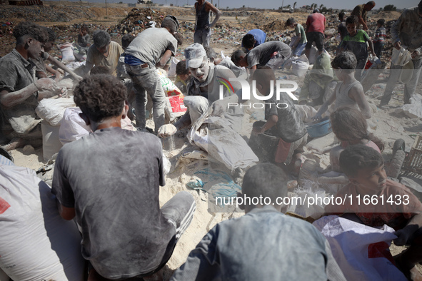 A photo shows Palestinian youths collecting remains of spoiled flour discarded in a makeshift landfill near the tents of displaced people in...