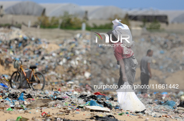 A photo shows Palestinian youths collecting remains of spoiled flour discarded in a makeshift landfill near the tents of displaced people in...