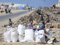 A photo shows Palestinian youths collecting remains of spoiled flour discarded in a makeshift landfill near the tents of displaced people in...