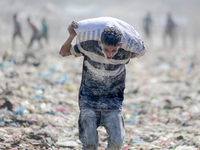 A photo shows Palestinian youths collecting remains of spoiled flour discarded in a makeshift landfill near the tents of displaced people in...