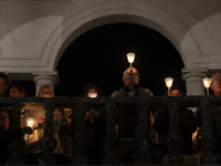 Pilgrims hold candles and pray during the candle procession at the Sanctuary of Fatima, in Fatima, Portugal, on October 12, 2024, on the ann...