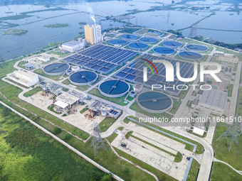 An aerial view shows the largest sewage treatment plant in Dasherkandi in Dhaka, Bangladesh, on October 12, 2024. (