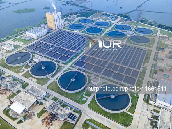 An aerial view shows the largest sewage treatment plant in Dasherkandi in Dhaka, Bangladesh, on October 12, 2024. 