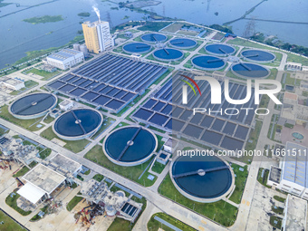 An aerial view shows the largest sewage treatment plant in Dasherkandi in Dhaka, Bangladesh, on October 12, 2024. (