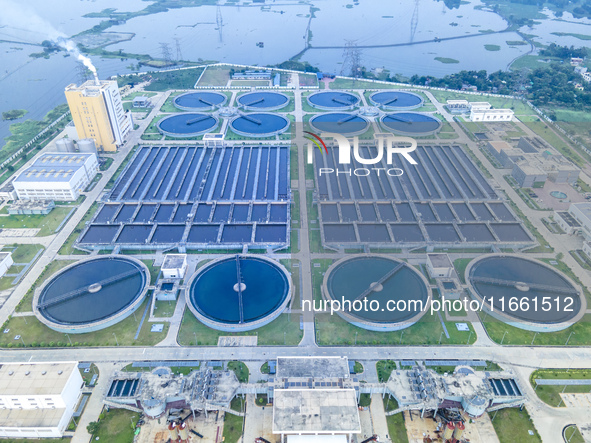 An aerial view shows the largest sewage treatment plant in Dasherkandi in Dhaka, Bangladesh, on October 12, 2024. 