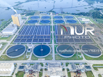 An aerial view shows the largest sewage treatment plant in Dasherkandi in Dhaka, Bangladesh, on October 12, 2024. (