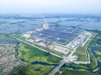 An aerial view shows the largest sewage treatment plant in Dasherkandi in Dhaka, Bangladesh, on October 12, 2024. (