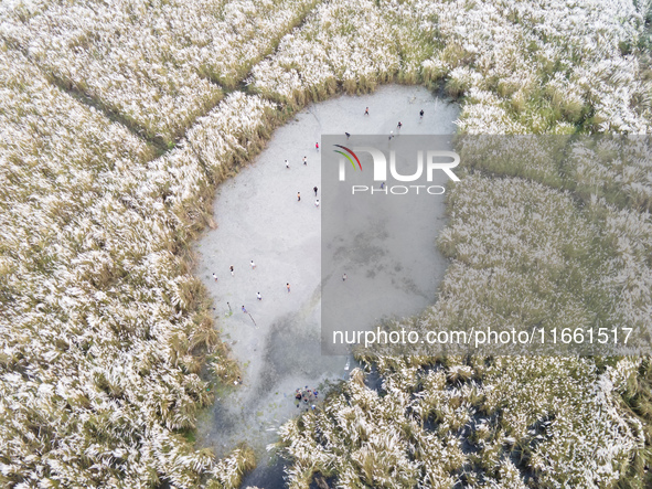 An aerial view shows boys playing soccer on a permanent sand field surrounded by temporary flower beds in Dhaka, Bangladesh, on October 12,...