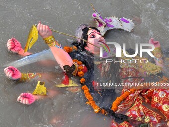 An idol of the Hindu goddess Durga floats in the river Brahmaputra after it is immersed on the last day of the Durga Puja festival in Guwaha...