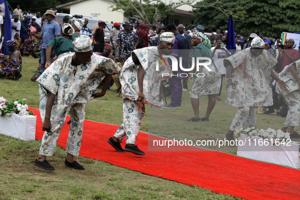 The Oyo State Cultural Troupe performs during the 2024 edition of the annual World Twins Festival in Igbo-Ora, the Land of Twins, in Oyo Sta...