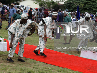 The Oyo State Cultural Troupe performs during the 2024 edition of the annual World Twins Festival in Igbo-Ora, the Land of Twins, in Oyo Sta...