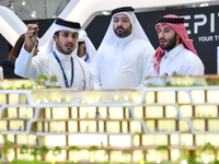 A salesman introduces property to potential buyers at the Cityscape Qatar 2024 real estate exhibition at the Doha Exhibition and Convention...